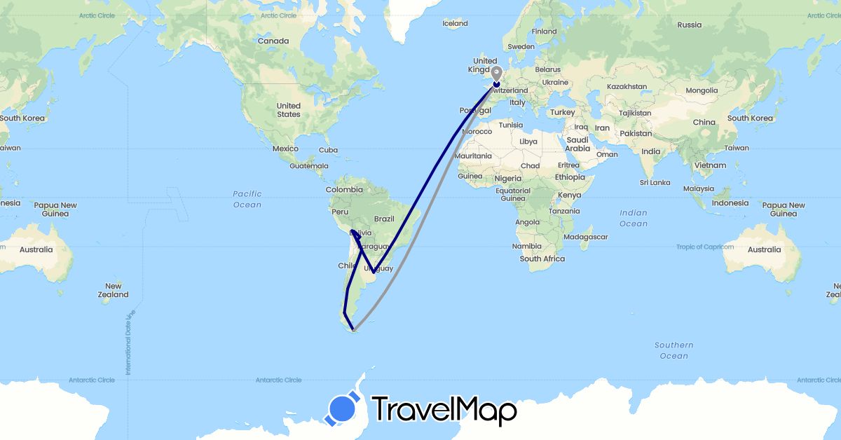 TravelMap itinerary: driving, plane in Argentina, Bolivia, France (Europe, South America)